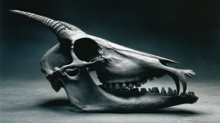 Fototapeta premium Detailed close up of a textured goat skull with sharp horns and teeth against a dark background