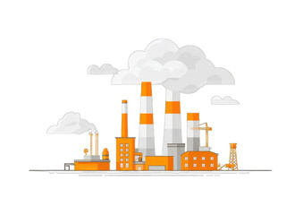 A stylized illustration of an industrial complex, featuring multiple buildings, smokestacks emitting pollution clouds, and a minimalist design style