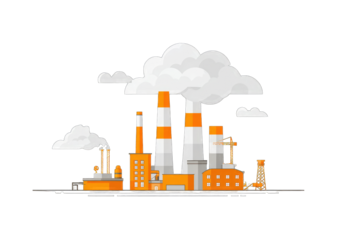 A stylized illustration of an industrial complex, featuring multiple buildings, smokestacks emitting pollution clouds, and a minimalist design style