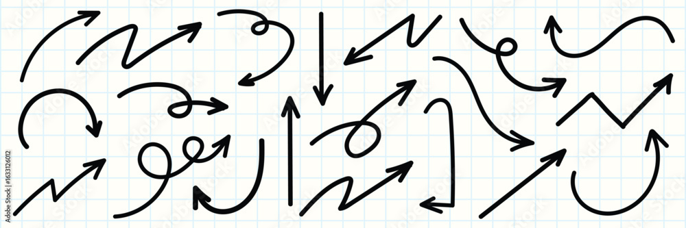 Poster set of simple lines hand drawn black arrows in various style. set of simple of hand drawn black arro