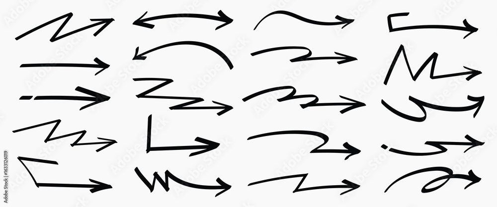 Poster set of simple lines hand drawn black arrows in various style. set of simple of hand drawn black arro