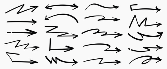 Set of simple lines hand drawn black arrows in various style. Set of simple of hand drawn black arrows. Set of simple lines hand drawn black arrows. Various of simple lines arrows collection