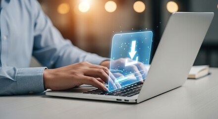 Person typing on a laptop with a glowing blue digital interface and data visualization