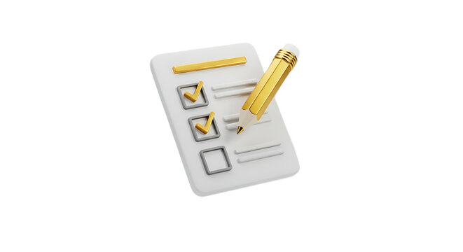 3d illustration of checklist with golden pencil and check marks isolated on transparent background