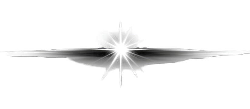 A stylized, grayscale image depicting a radiant burst of light, centrally positioned, emanating outwards, resembling a stylized star or celestial event, set against a pure black background