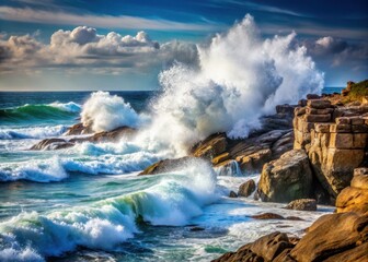 Fototapeta premium Crashing waves on a rugged rocky shore