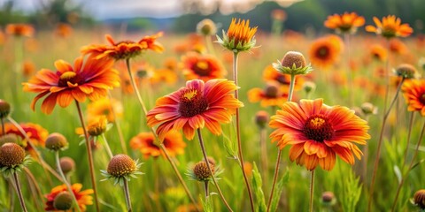 Fototapeta premium Vibrant orange flowers sway gently in the breeze among tall grasses and wildflowers at the reserve