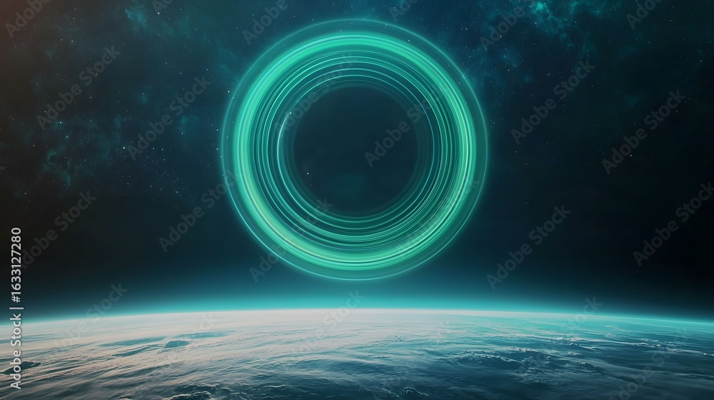 Poster the image shows a rendered space view of a planet with clouds, with a large, glowing teal ring hover