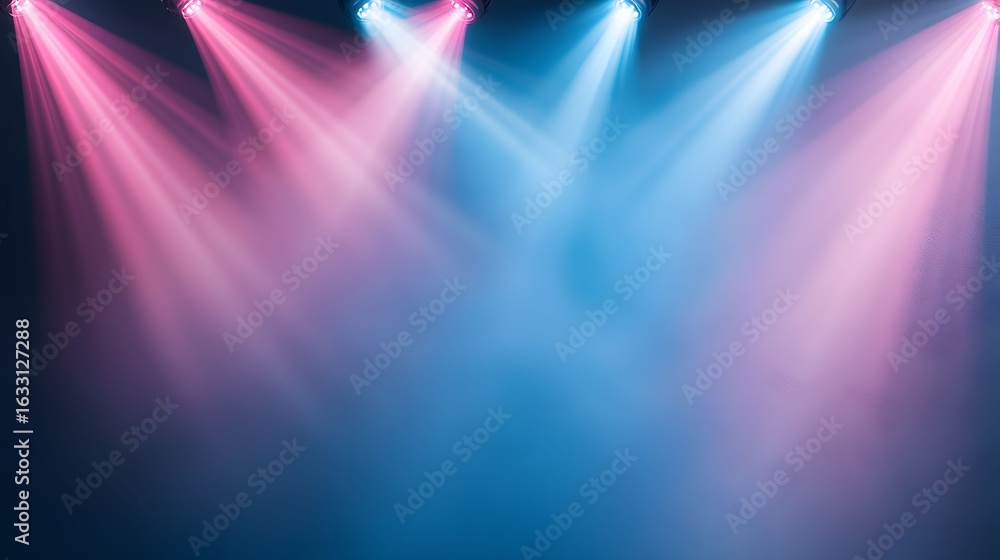 Poster the image showcases multiple stage lights casting beams of both blue and pink colors, creatively mix