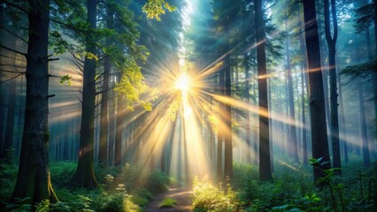 Glowing ethereal light shaft piercing through a dense forest canopy at dusk