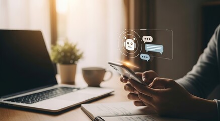 Person using a smartphone with social media icons and chat bubbles floating above