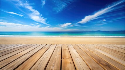 Wooden floor plank on sandy beach with calm sea and blue sky background