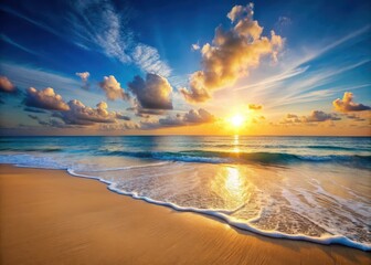 Sunset on a warm sandy beach with calm blue ocean waves under clear summer sky