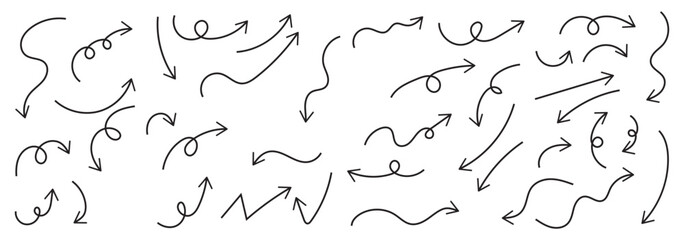 Set of hand drawn arrows. Simple arrows collection isolated on white background. Arrow mark icons vector.