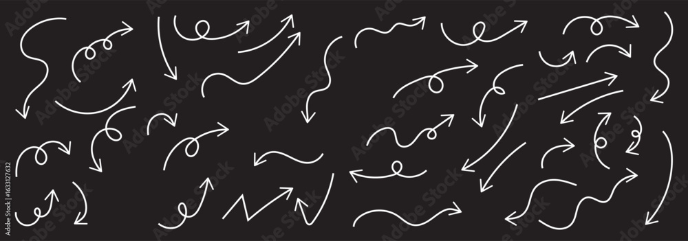 Poster set of hand drawn arrows. simple arrows collection isolated on white background. arrow mark icons ve