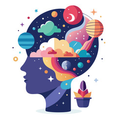 Conceptual Vector of Head Silhouette Opening to Abstract Dream Universe