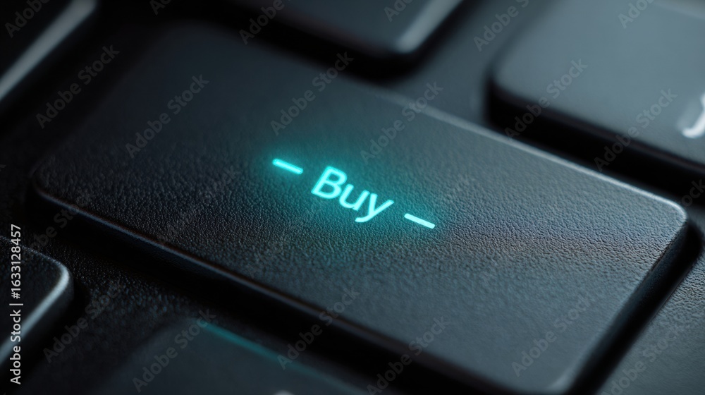 Poster close-up view of a keyboard highlighting the buy key, emphasizing online shopping technology and dig