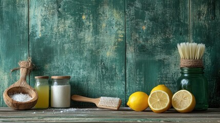 Natural cleaning supplies arranged on rustic green wood background. Lemons, salt, brushes, and cleaning solutions are featured.
