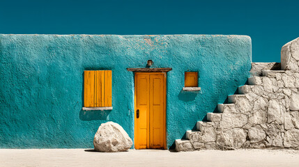 Colorful mediterranean architecture turquoise wall yellow door and window