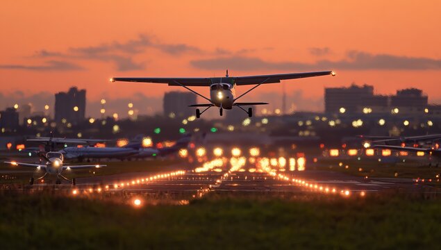 Airplane taking off at sunset over city airport