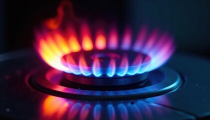 Intense red and blue gas burner flames, close up, blue, burner