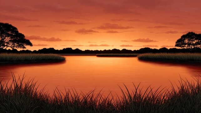 Serene water reflection at sunset with silhouetted trees and grassy shorelines