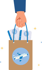 Hand holding a paper bag with ticket for travel or trip, Vector Illustration of travel around the world.