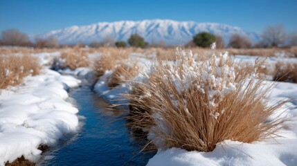 A snow covered stream winds through dry grass with snow capped mountains in the distance under a clear blue sky
