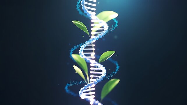 Dna helix intertwined with green leaves and glowing blue energy