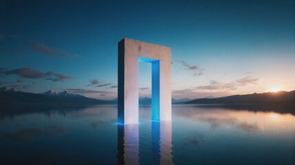 Glowing Portal in a Serene Lake at Sunset