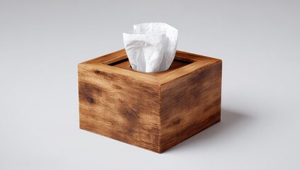 A small, square, wooden tissue box sits on a plain background.  A crumpled white tissue is visible inside the open top