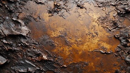 Obraz premium Close-up view of a textured, rough surface with dark brown and gold tones.