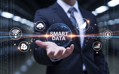 Businessman holding a holographic display showcasing smart data analytics. Concept for business intelligence, big data management, and innovation.