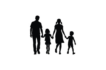 A loving family of four parents holding hands with their two young children walking together in a unified silhouette against a clean white background