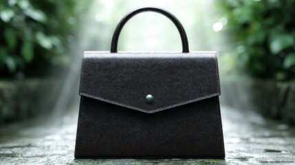 Black leather handbag with silver button closure and curved handle situated outdoors near foliage