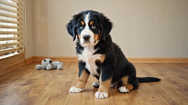 Puppy tilting head, sitting on a wooden floor, big bright eyes, warm sunlight streaming through a window, adorable and playful
