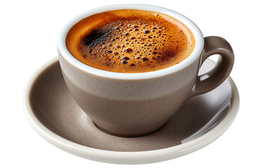 Fototapeta premium Coffee fills a gray ceramic mug with rich crema; perfect for cafe menus, food blogs, and product shots.