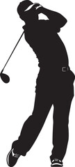 A black and white silhouette of a golfer swinging a golf club.