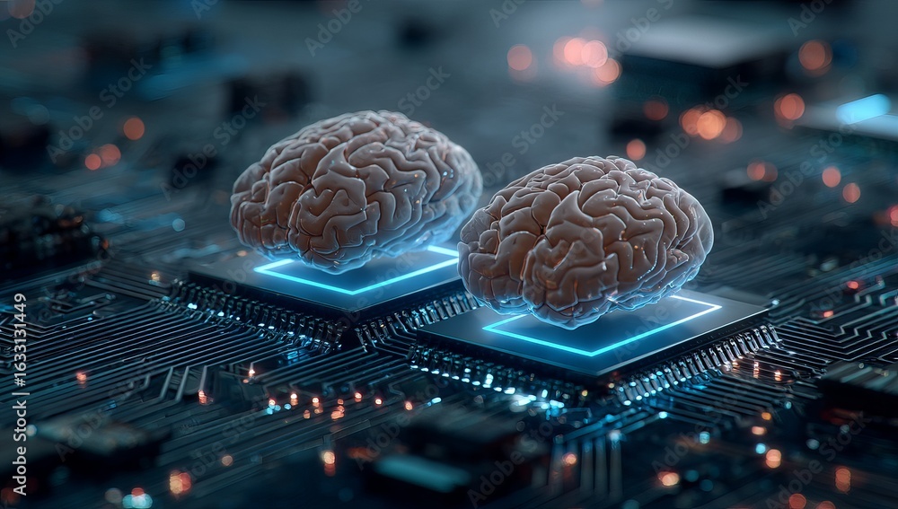 Poster two human brains hover above computer chips on a circuit board
