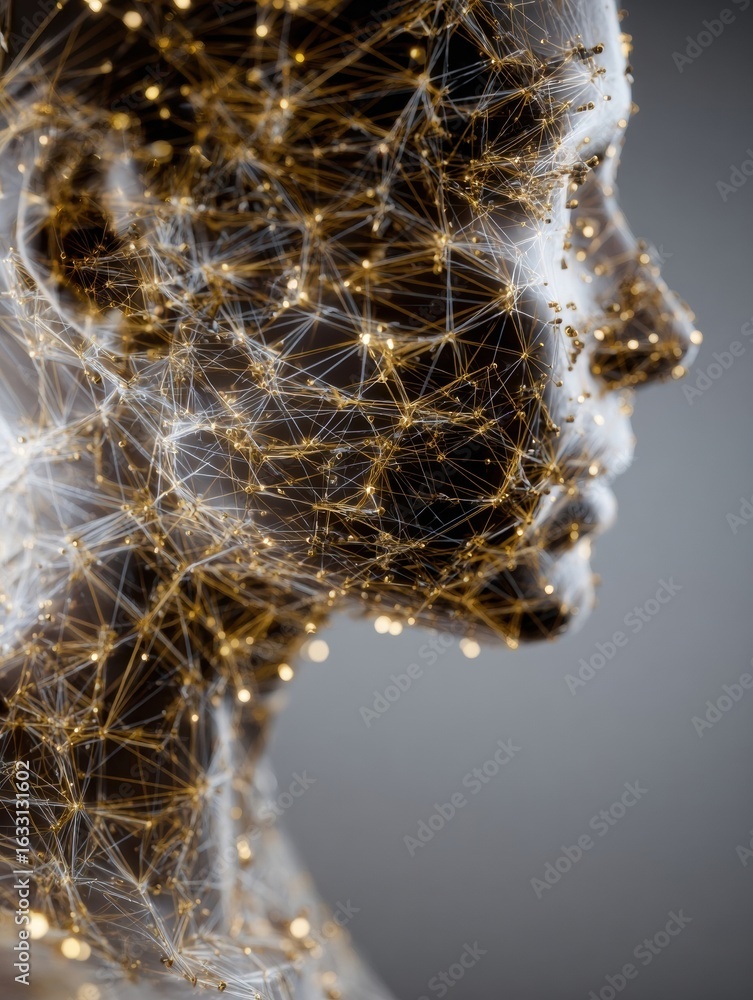 Poster explore the intricate details of a digitally rendered human face with glowing connections in an abst