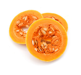 Bottle shaped butternut pumpkin and a cut one on a white background 