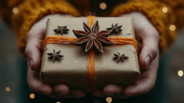 Hands holding wrapped gift with star anise and orange twine in snowy setting. Merry Christmas. Happy New Year