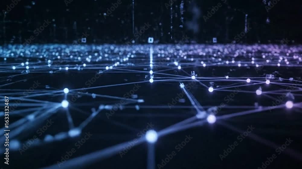 Aufkleber a digital network with glowing nodes connected by lines on a dark surface illuminated in shades of b