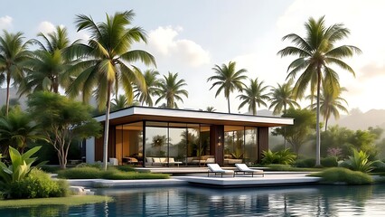 Fototapeta premium Tiny modern house featuring glass walls and a metallic roof, peacefully located among tropical vegetation and palm trees during early morning sunrise