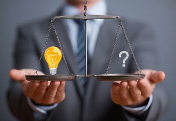 Businessman holds a balance scale, one side a lightbulb, the other a question mark