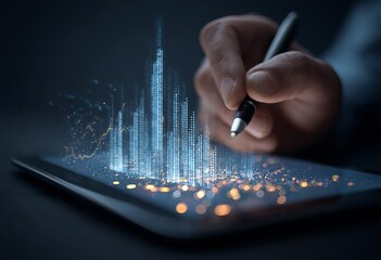 A hand with stylus drawing a digital city on a tablet, overlaid with data visualizations