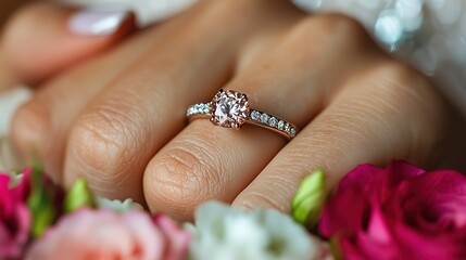 Finger Wearing Pink Diamond Ring, Elegant with Surrounding Flowers