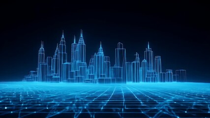 A dynamic animation of a futuristic digital city with glowing blue wireframe buildings on a network grid. - Powered by Adobe