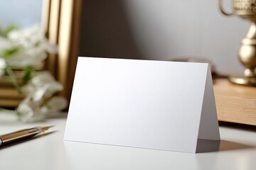 Blank invitation card on a table, with flowers and a pen nearby