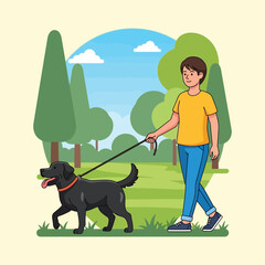 Person Walking Black Dog on Leash in Park Illustration